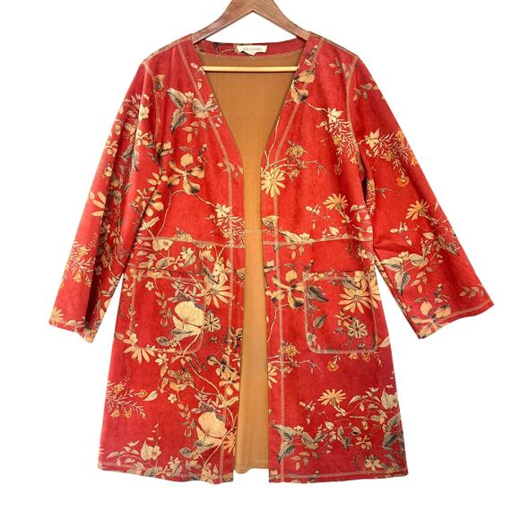 Anthropology Solitaire Orange Floral Butterfly Kimono Jacket, size L - Picture 1 of 12
